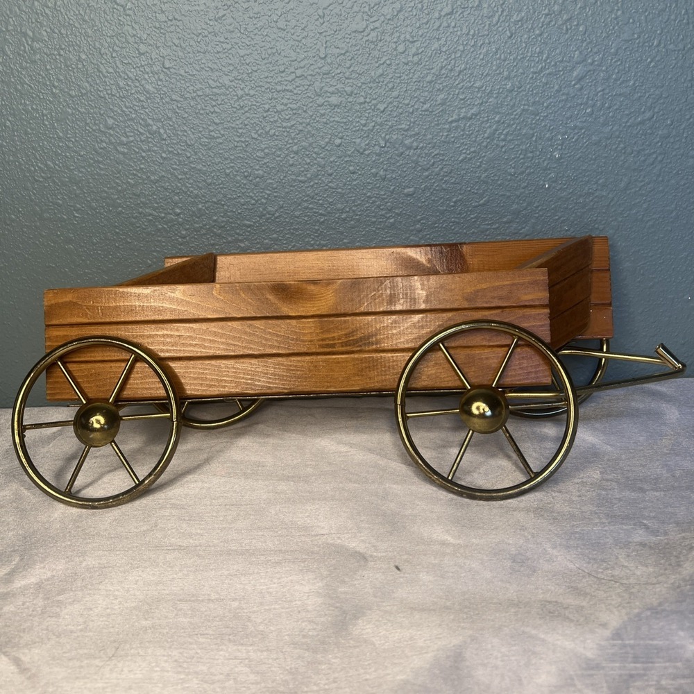 Homco Wood Wagon Brass Wheels Wall Hanging Table Centerpiece Decoration 16×4×5